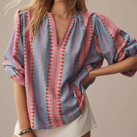 Velvet by Graham & Spencer Isla Bright Jacquard Split Neck Peasant Top Size XL - Picture 1 of 13